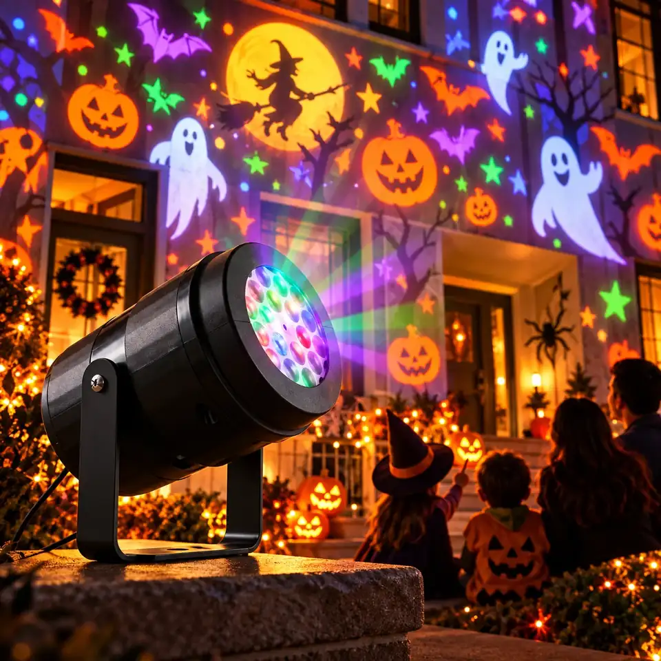 Holiday Prism projecting Halloween patterns across a home exterior