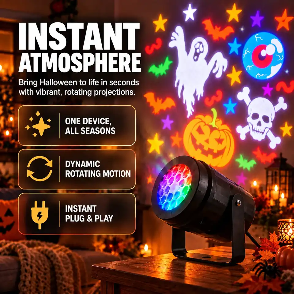 Holiday Prism projector with examples of its festive projection effects