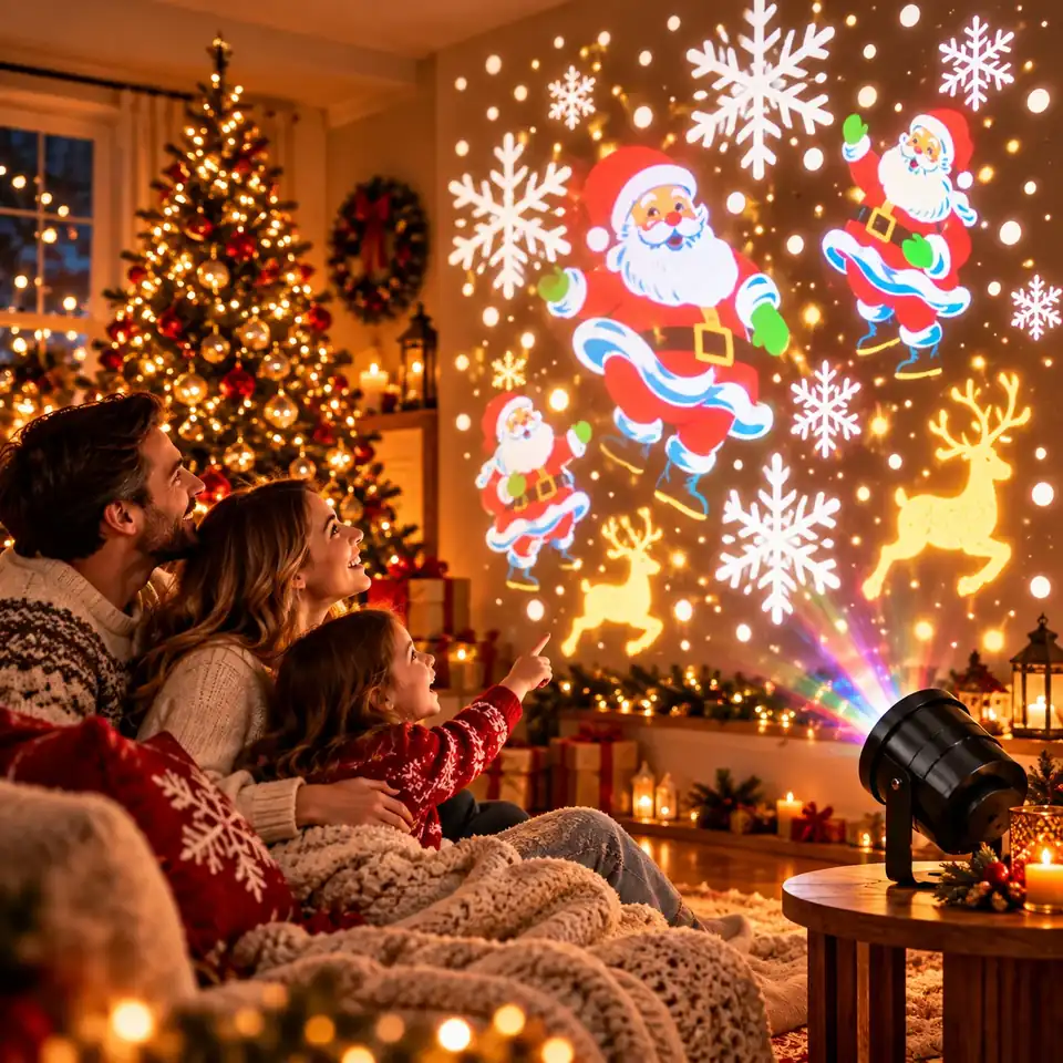 Family enjoying Holiday Prism Christmas projections